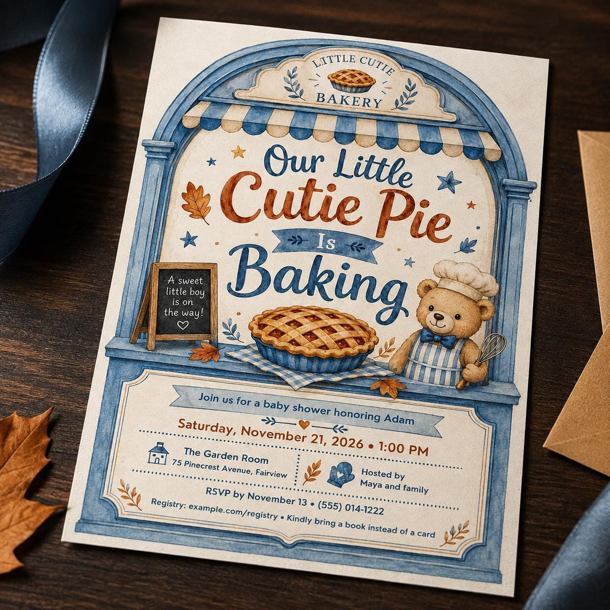 Blue Cutie Pie Baby Shower Invitation for Boys — baking and teddy bear design