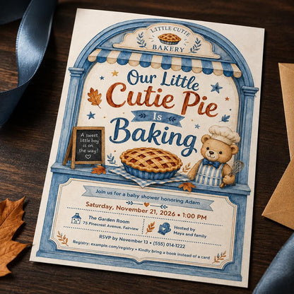 Blue Cutie Pie Baby Shower Invitation for Boys — baking and teddy bear design