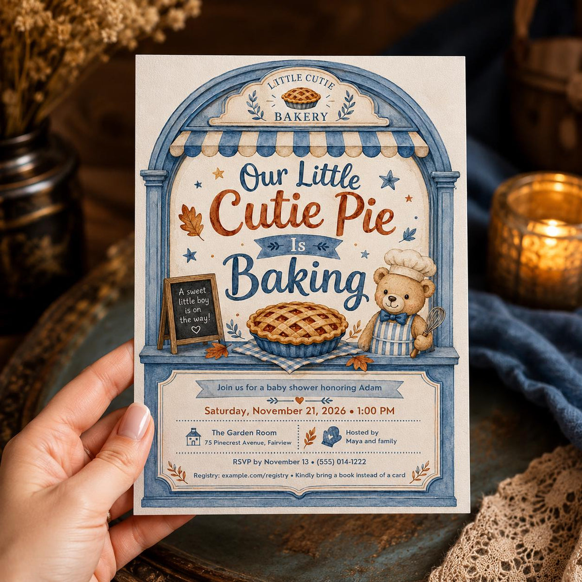 Blue Cutie Pie Baby Shower Invitation for Boys — invitation you personalize in Canva