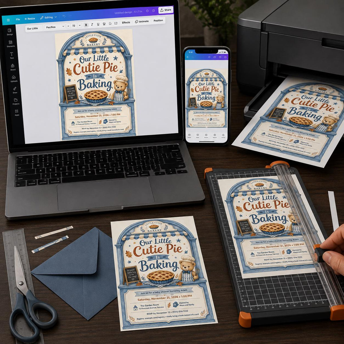 Blue Cutie Pie Baby Shower Invitation for Boys — print-ready baby shower design from VoltBy