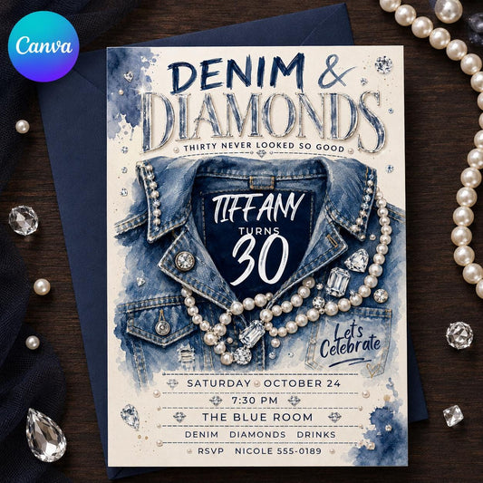 Blue Denim and Diamonds 30th Birthday Invitation — editable Canva template