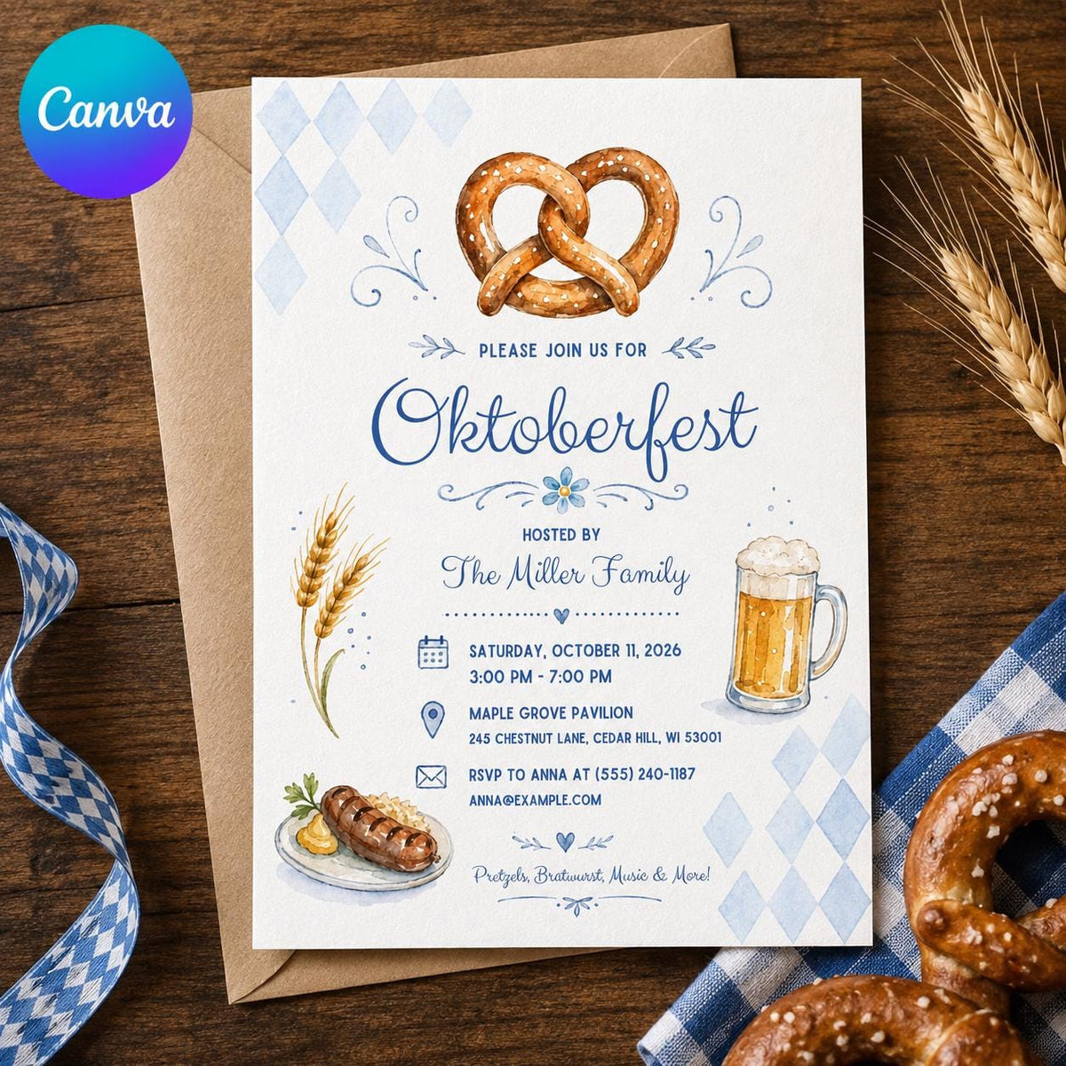 Blue Diamond Oktoberfest Pretzel Invitation — editable Canva template