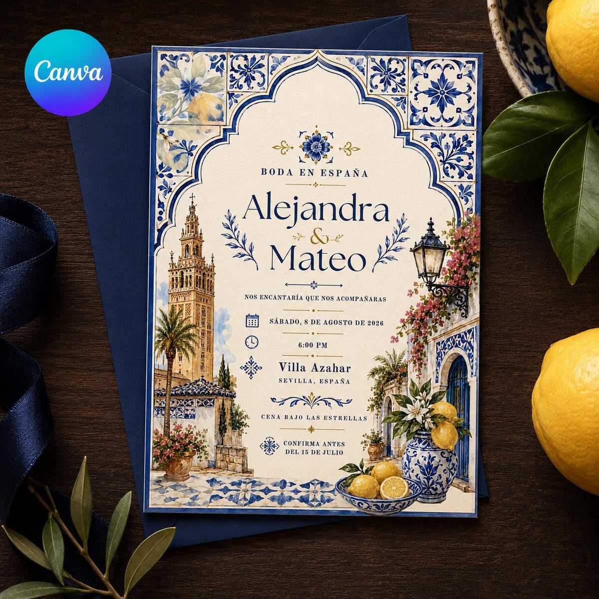Blue Elegant Spanish Wedding Invitation — editable Canva template