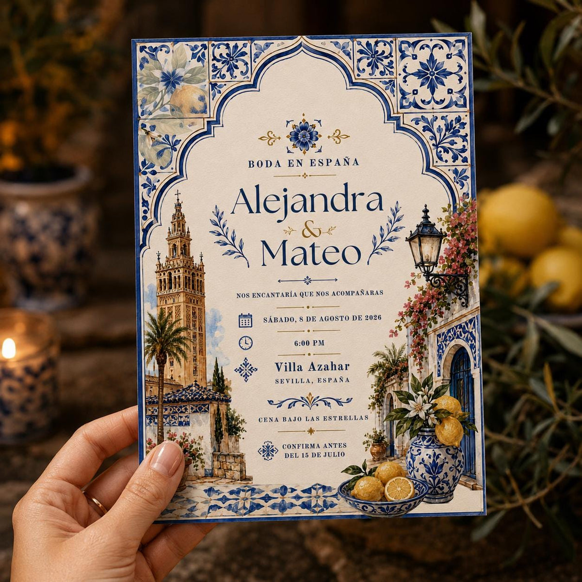 Blue Elegant Spanish Wedding Invitation — print-ready wedding design from VoltBy