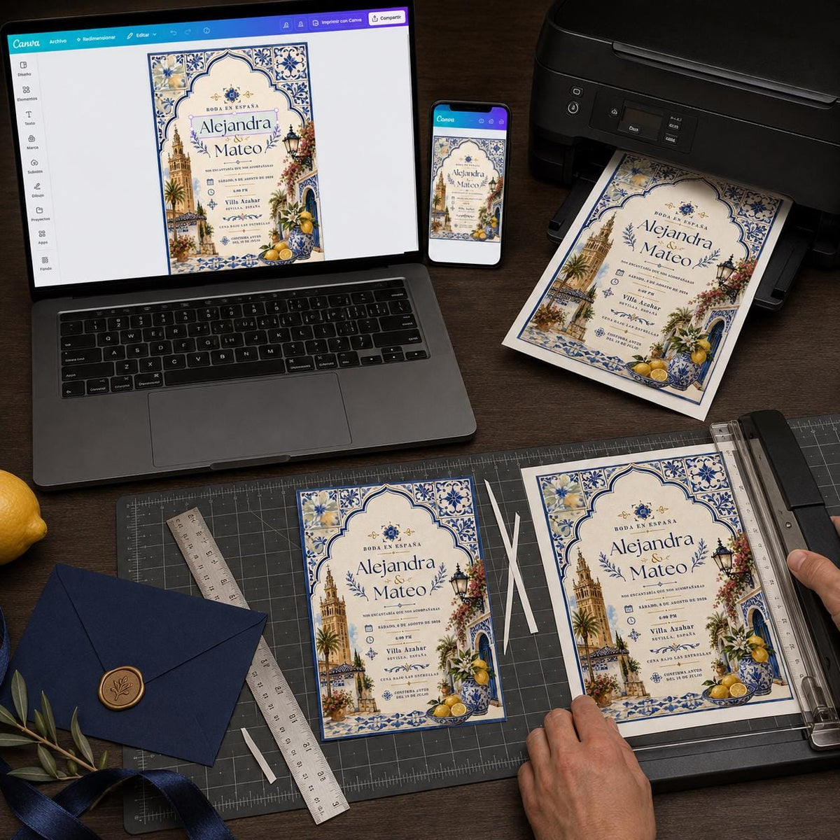 Blue Elegant Spanish Wedding Invitation — digital invitation, instant download