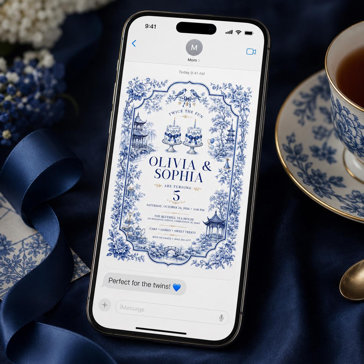 Blue Elegant Twin 5th Birthday Invitation — tea design