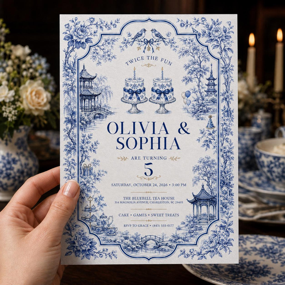 Blue Elegant Twin 5th Birthday Invitation — invitation you personalize in Canva