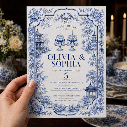 Blue Elegant Twin 5th Birthday Invitation — invitation you personalize in Canva