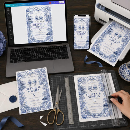 Blue Elegant Twin 5th Birthday Invitation — print-ready 5th birthday party design from VoltBy