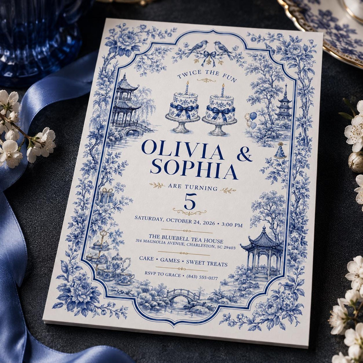 Blue Elegant Twin 5th Birthday Invitation — digital invitation, instant download