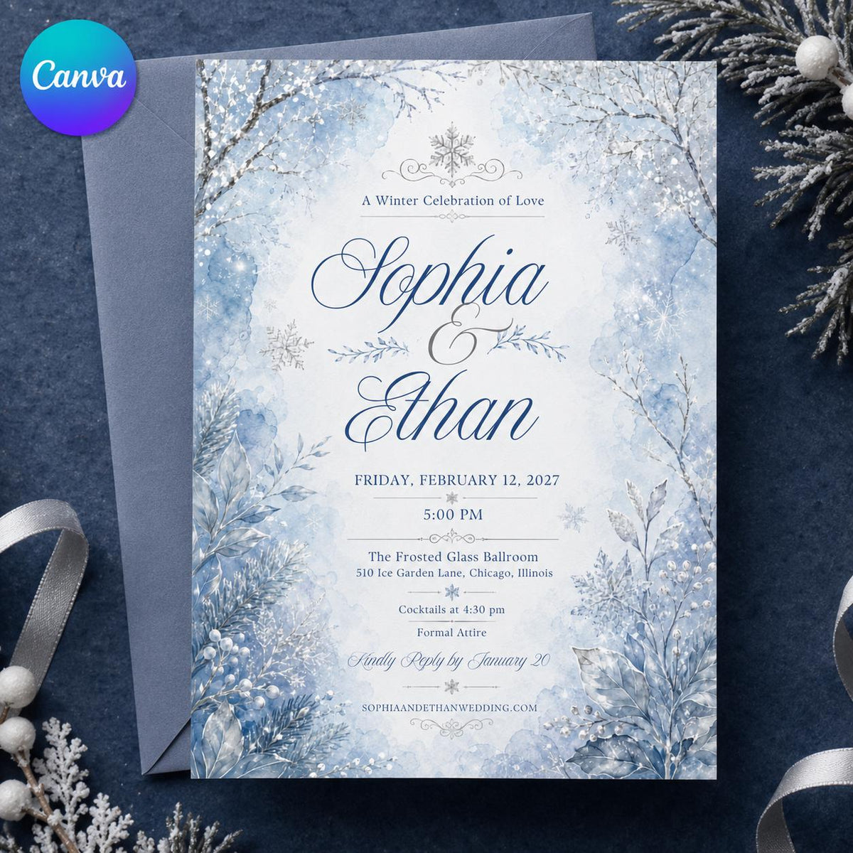 Blue Elegant Winter Wedding Invitation — editable Canva template