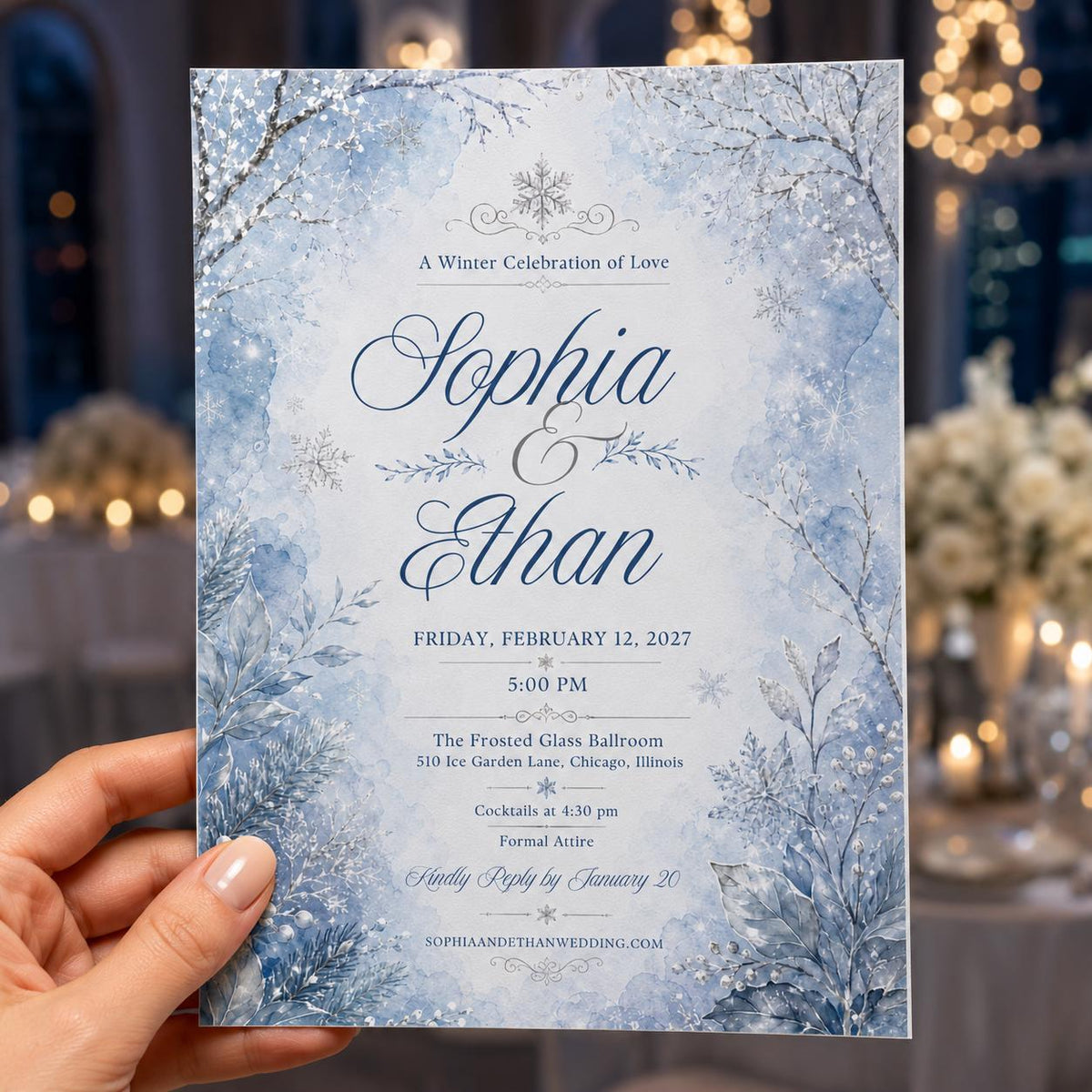 Blue Elegant Winter Wedding Invitation — invitation you personalize in Canva