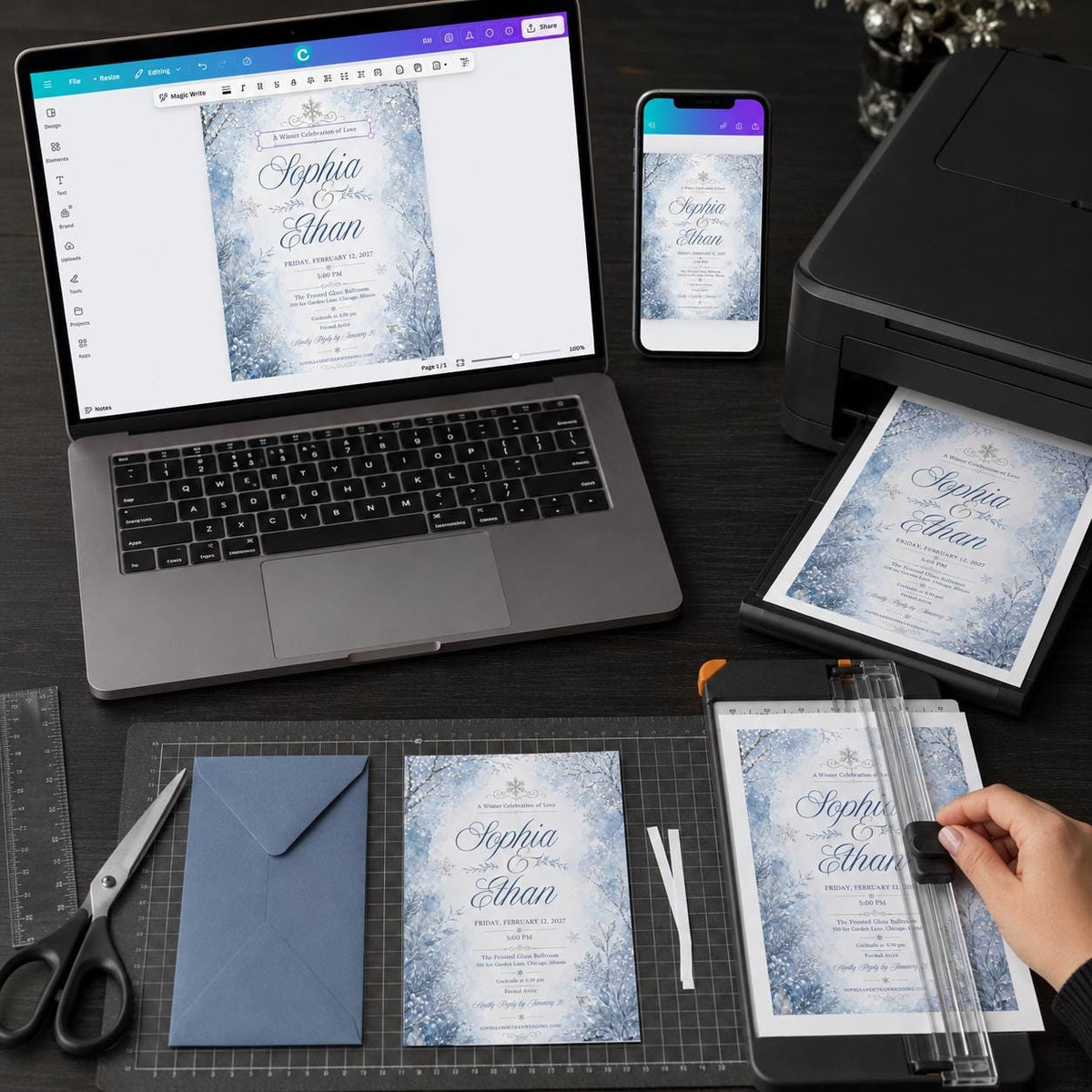 Blue Elegant Winter Wedding Invitation — print-ready wedding design from VoltBy