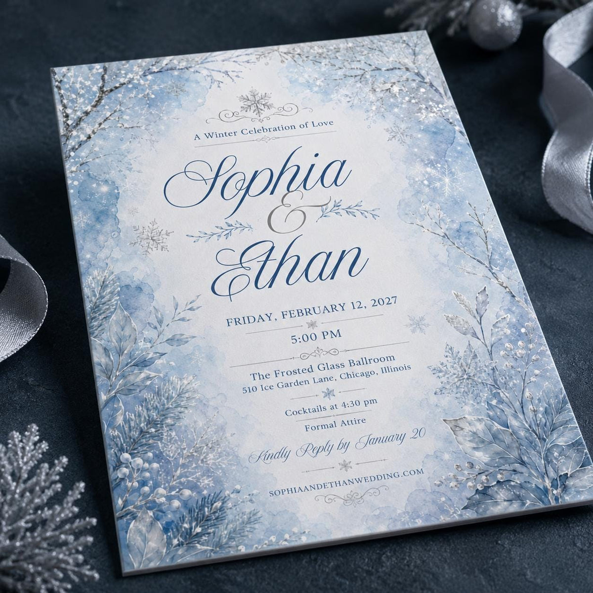 Blue Elegant Winter Wedding Invitation — digital invitation, instant download