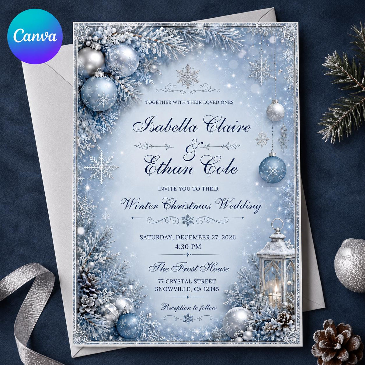 Blue Elegant Winter Wedding Invitation: Blue Snowflake Christmas Wedding — editable Canva template