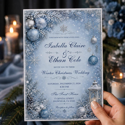 Blue Elegant Winter Wedding Invitation: Blue Snowflake Christmas Wedding — print-ready wedding design from VoltBy