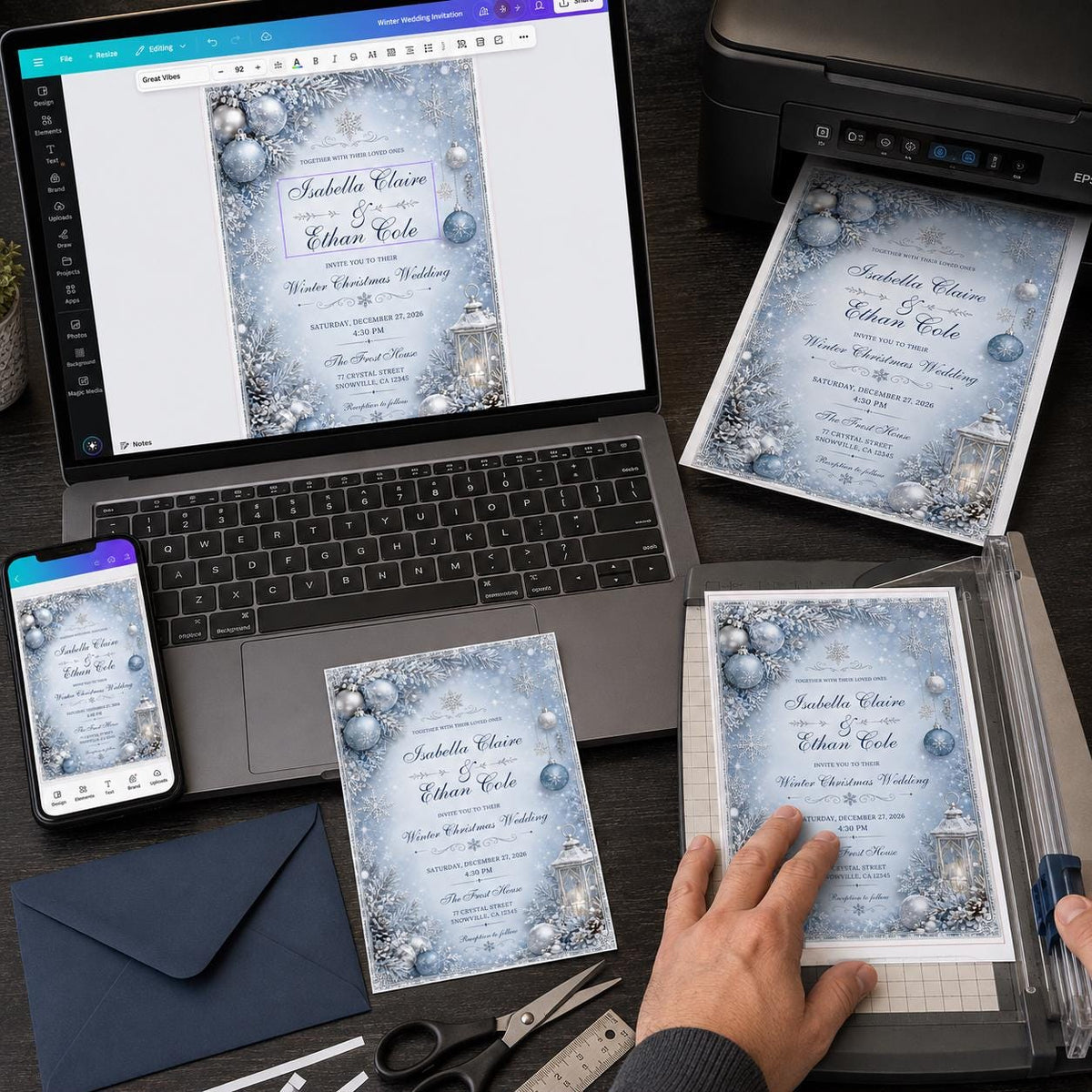 Blue Elegant Winter Wedding Invitation: Blue Snowflake Christmas Wedding — digital invitation, instant download