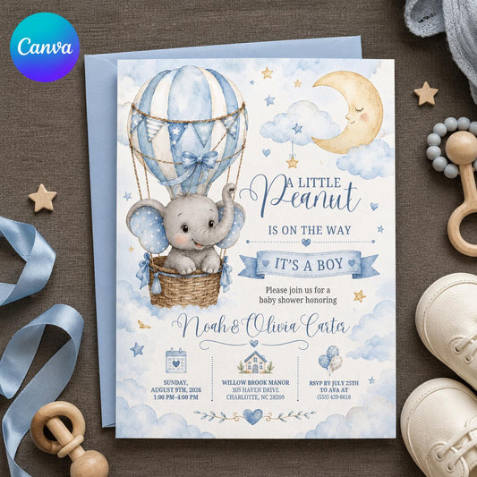 Blue Elephant Baby Shower Invitation Boy — editable Canva template