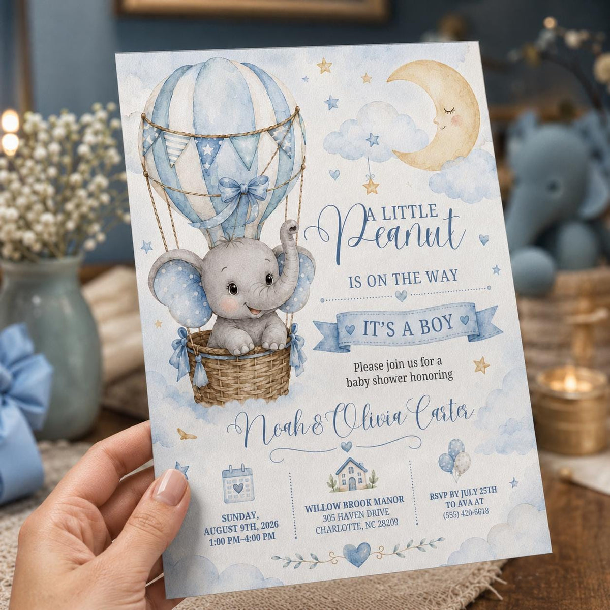 Blue Elephant Baby Shower Invitation Boy — invitation you personalize in Canva