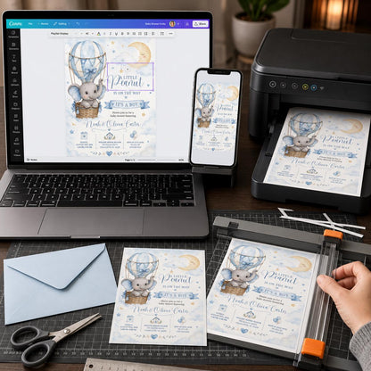 Blue Elephant Baby Shower Invitation Boy — print-ready baby shower design from VoltBy