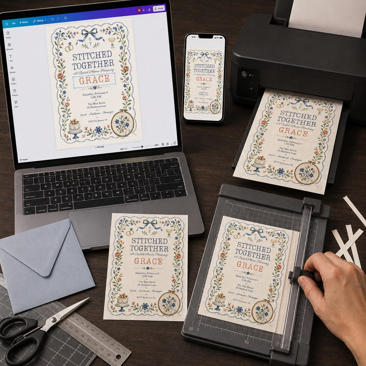 Blue Embroidery Stitched Together Bridal Shower Invitation — print-ready bridal shower design from VoltBy