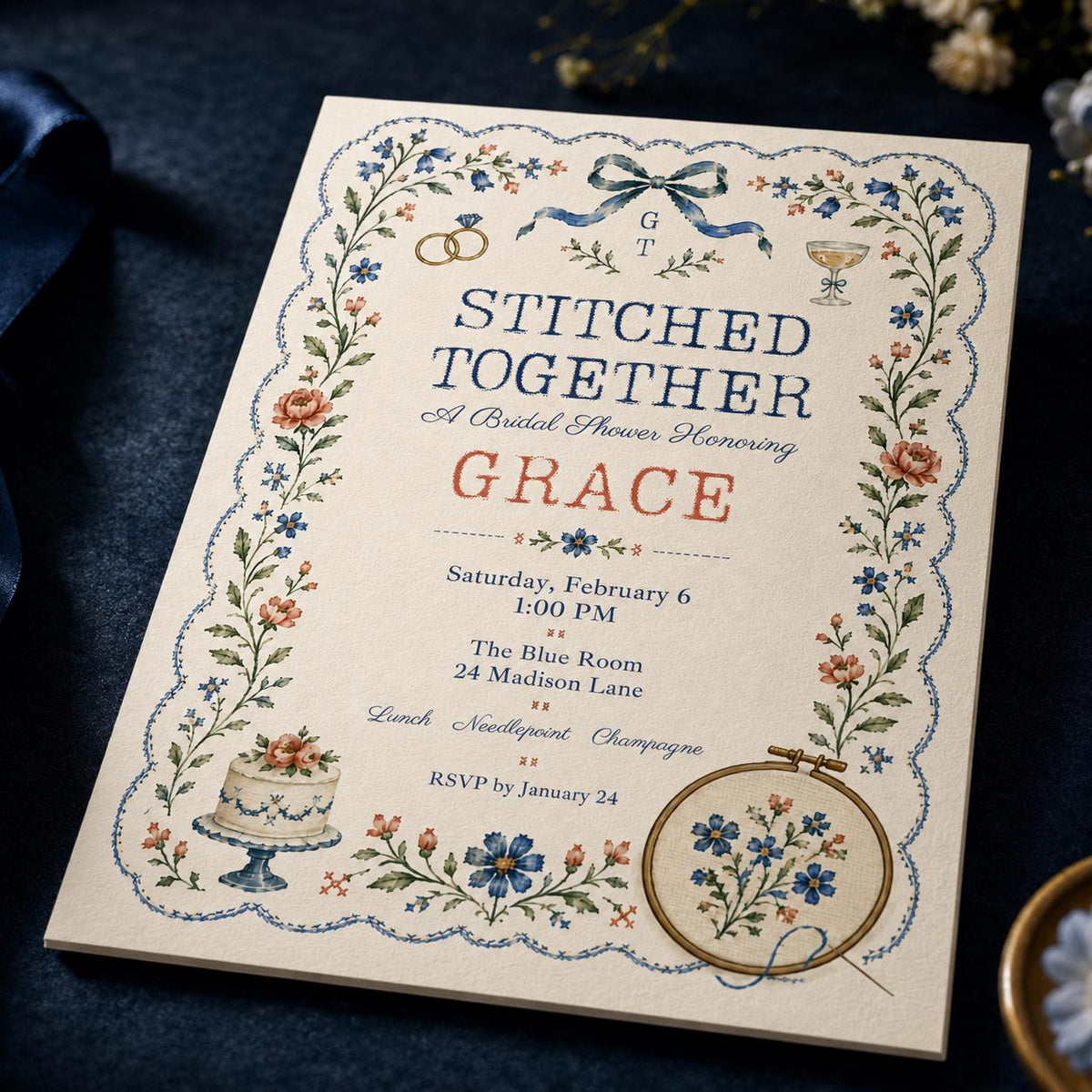 Blue Embroidery Stitched Together Bridal Shower Invitation — digital invitation, instant download
