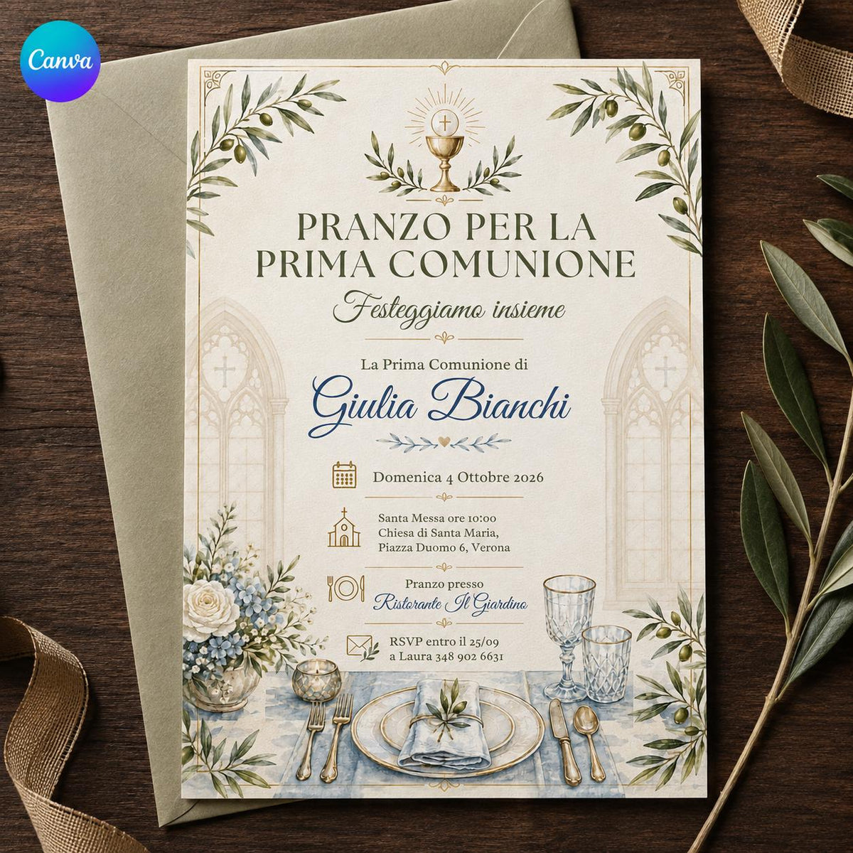 Blue First Communion Lunch Invitation — editable Canva template