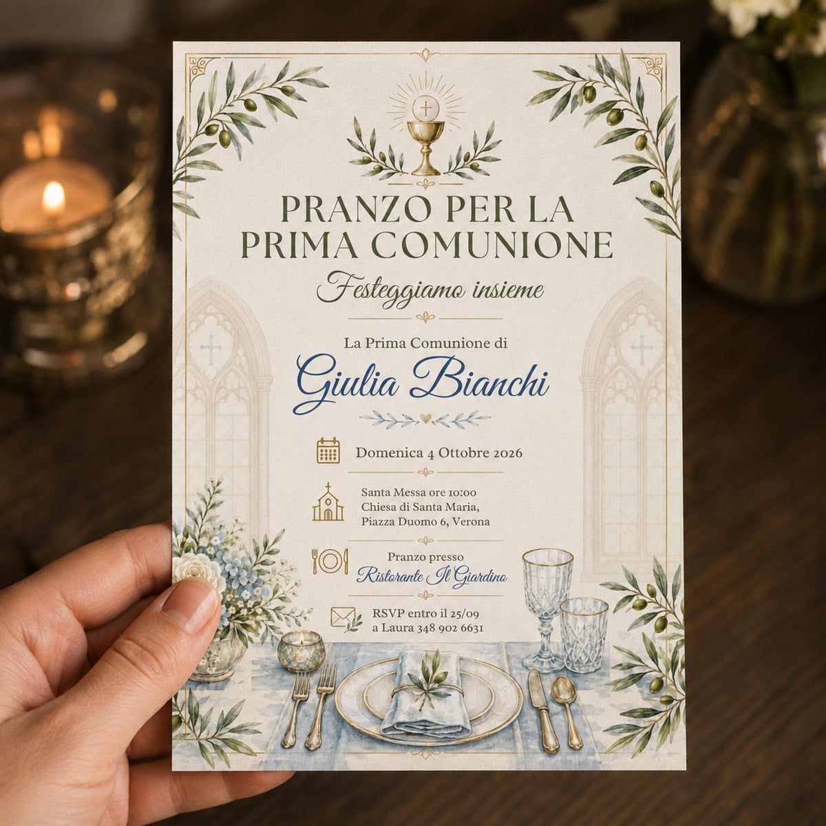 Blue First Communion Lunch Invitation — print-ready first communion design from VoltBy