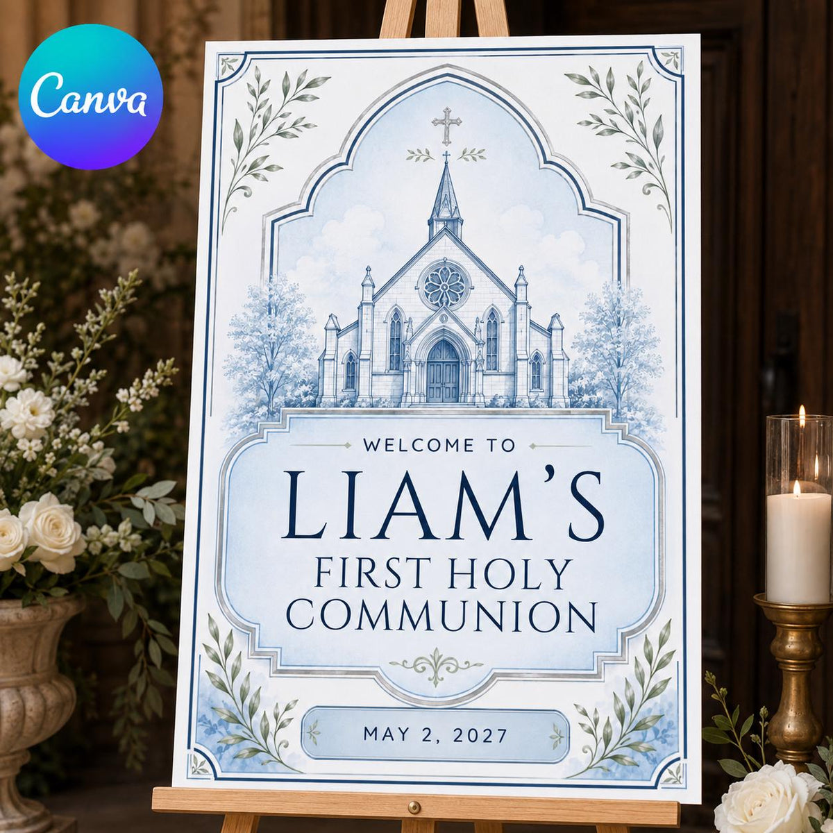 Blue First Holy Communion Welcome Sign — editable Canva template