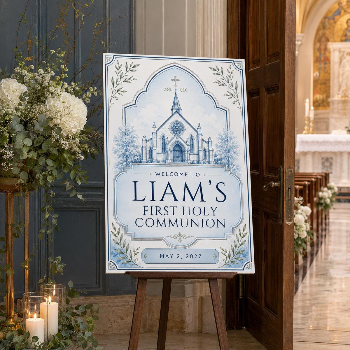Blue First Holy Communion Welcome Sign — chapel design
