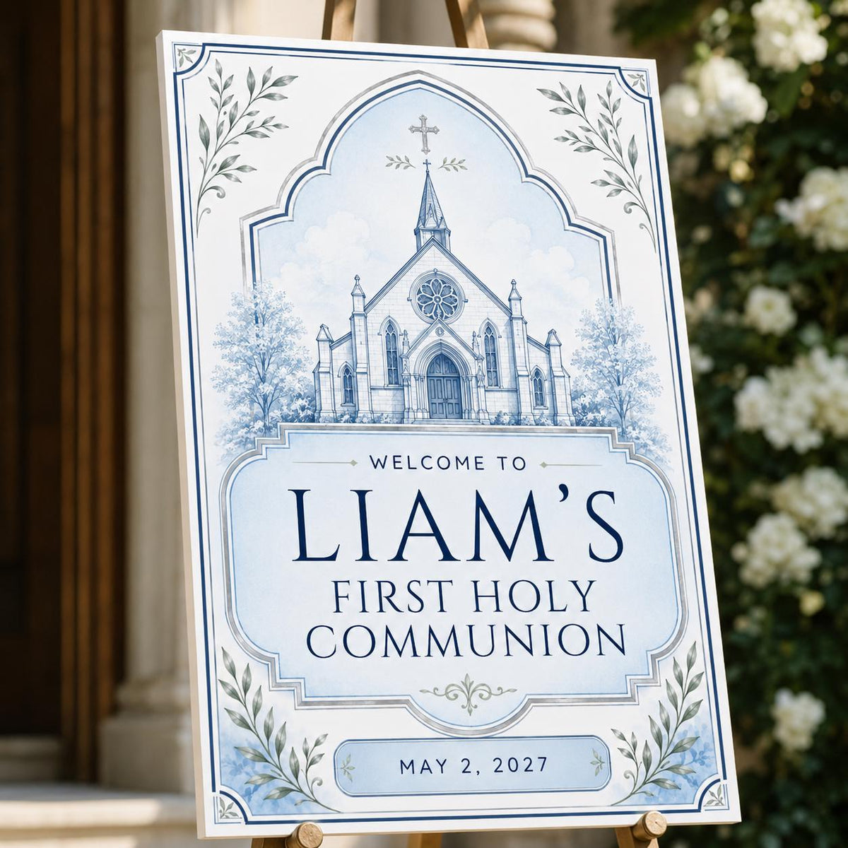 Blue First Holy Communion Welcome Sign — welcome sign you personalize in Canva