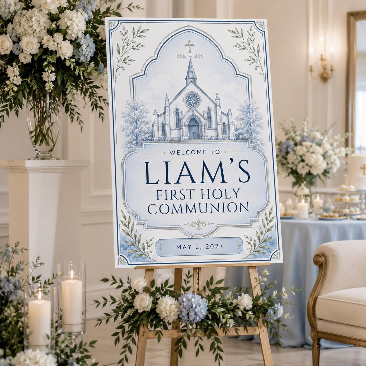 Blue First Holy Communion Welcome Sign — print-ready celebration design from VoltBy