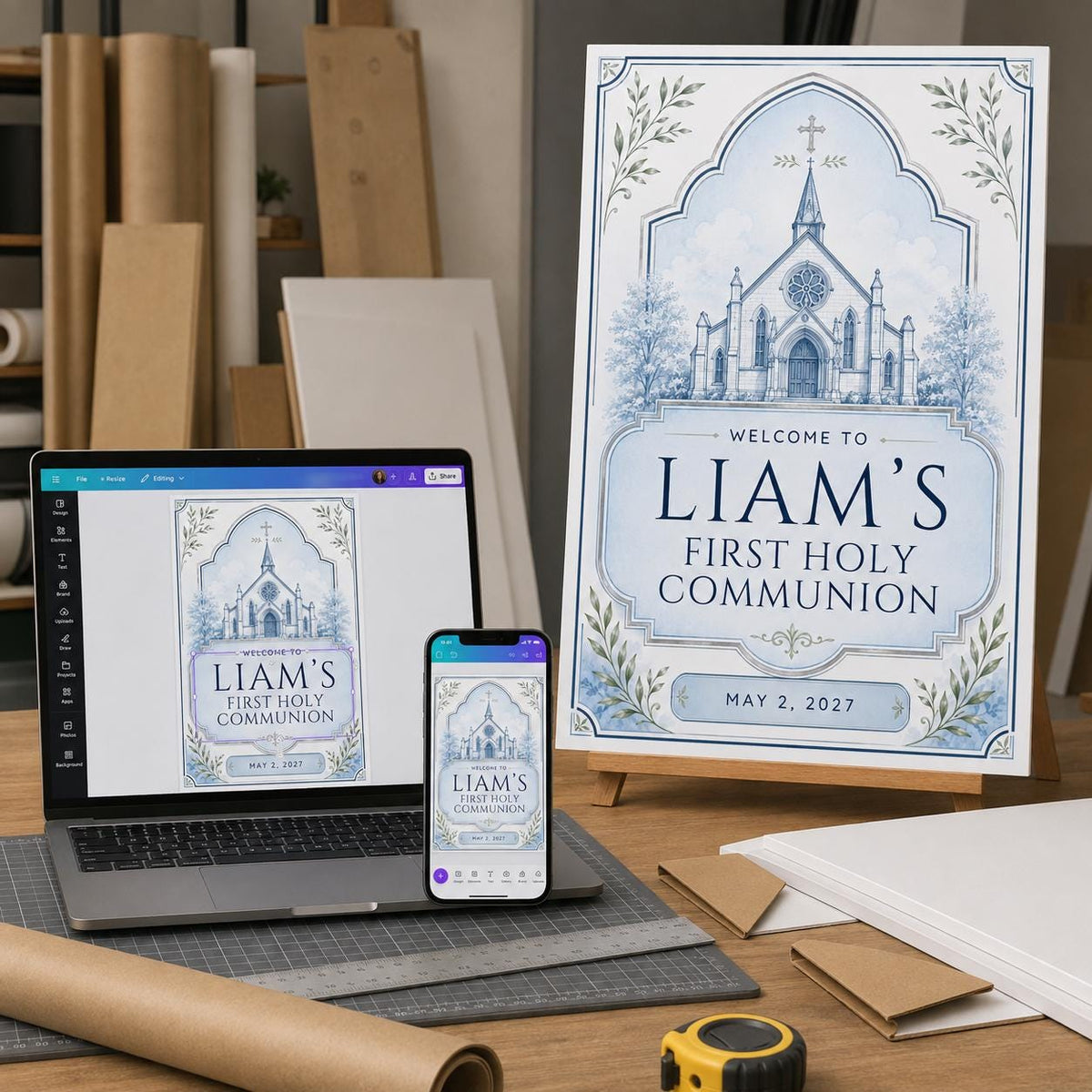 Blue First Holy Communion Welcome Sign — digital welcome sign, instant download