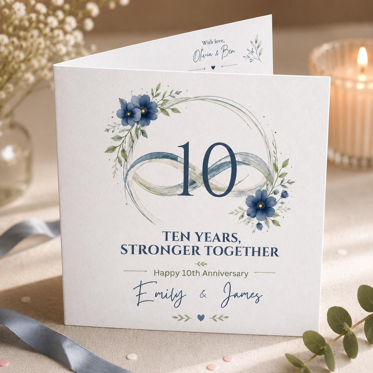 Blue Floral 10th Anniversary Greeting Card — wedding stationery by VoltBy