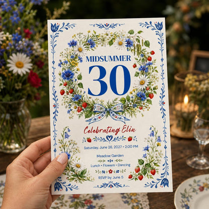 Blue Floral 30th Birthday Invitation — invitation you personalize in Canva