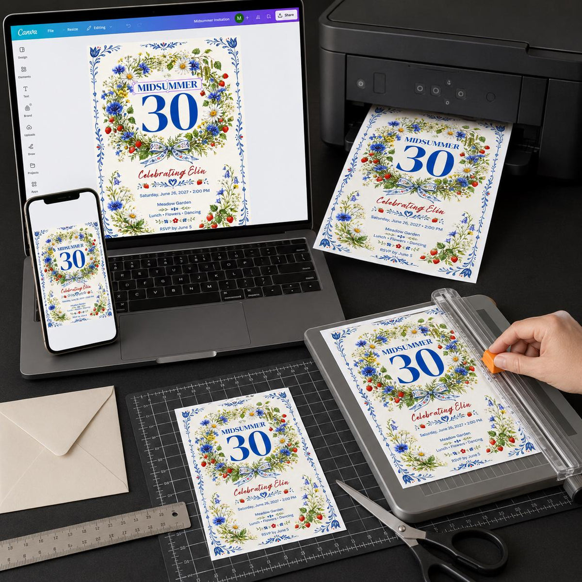 Blue Floral 30th Birthday Invitation — print-ready 30th birthday party design from VoltBy