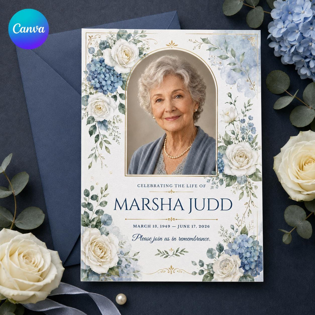 Blue Floral Celebration of Life Invitation — editable Canva template