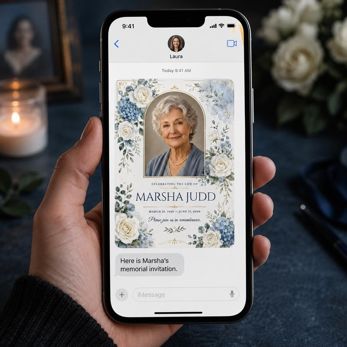 Blue Floral Celebration of Life Invitation — invitation you personalize in Canva