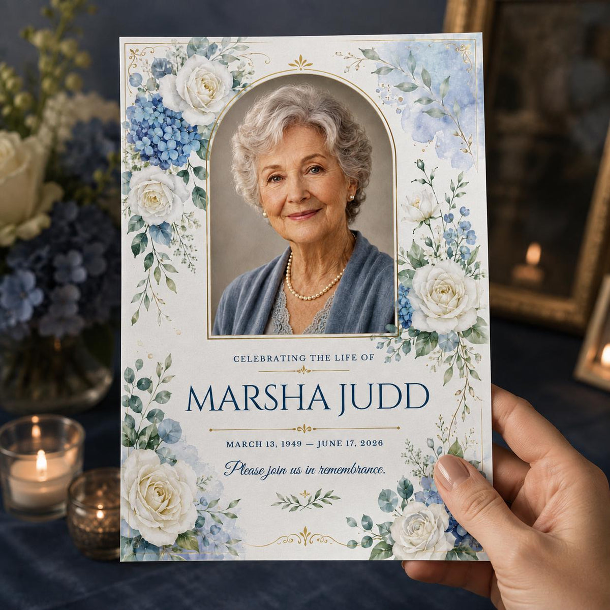 Blue Floral Celebration of Life Invitation — print-ready celebration of life design from VoltBy
