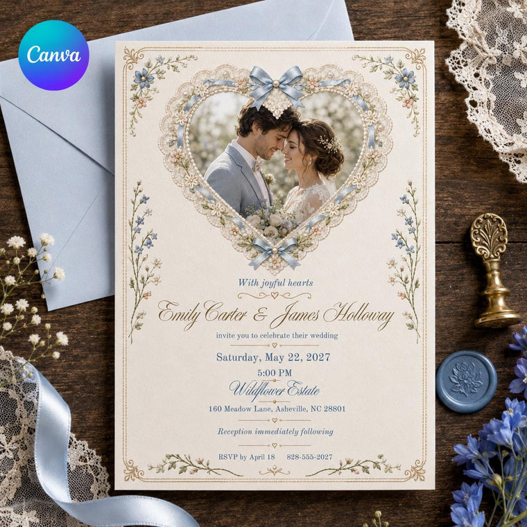 Blue Floral Coquette Wedding Invitation