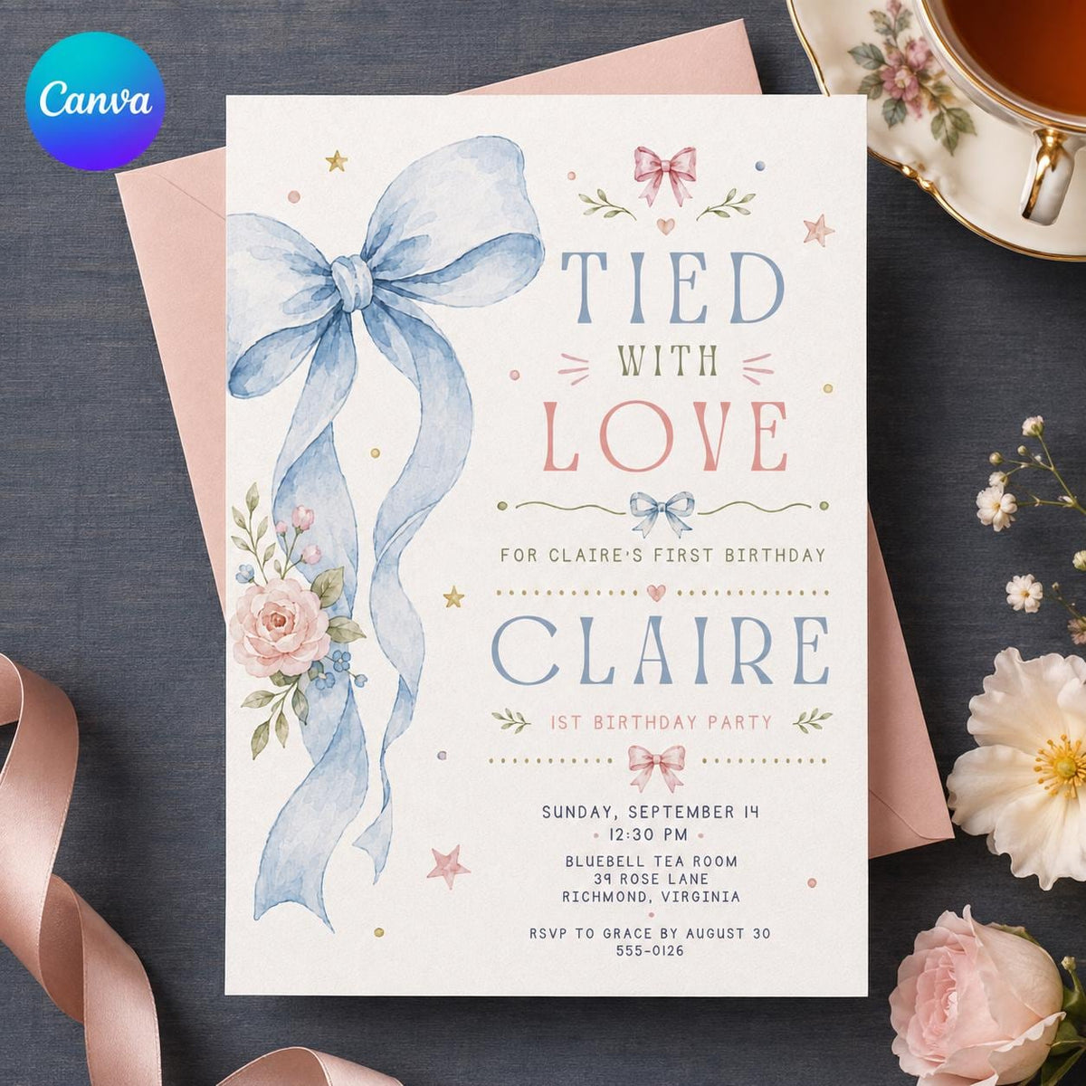 Blue Floral First Birthday Invitation for Girls — editable Canva template