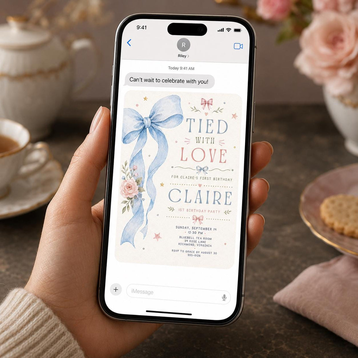 Blue Floral First Birthday Invitation for Girls — bow design