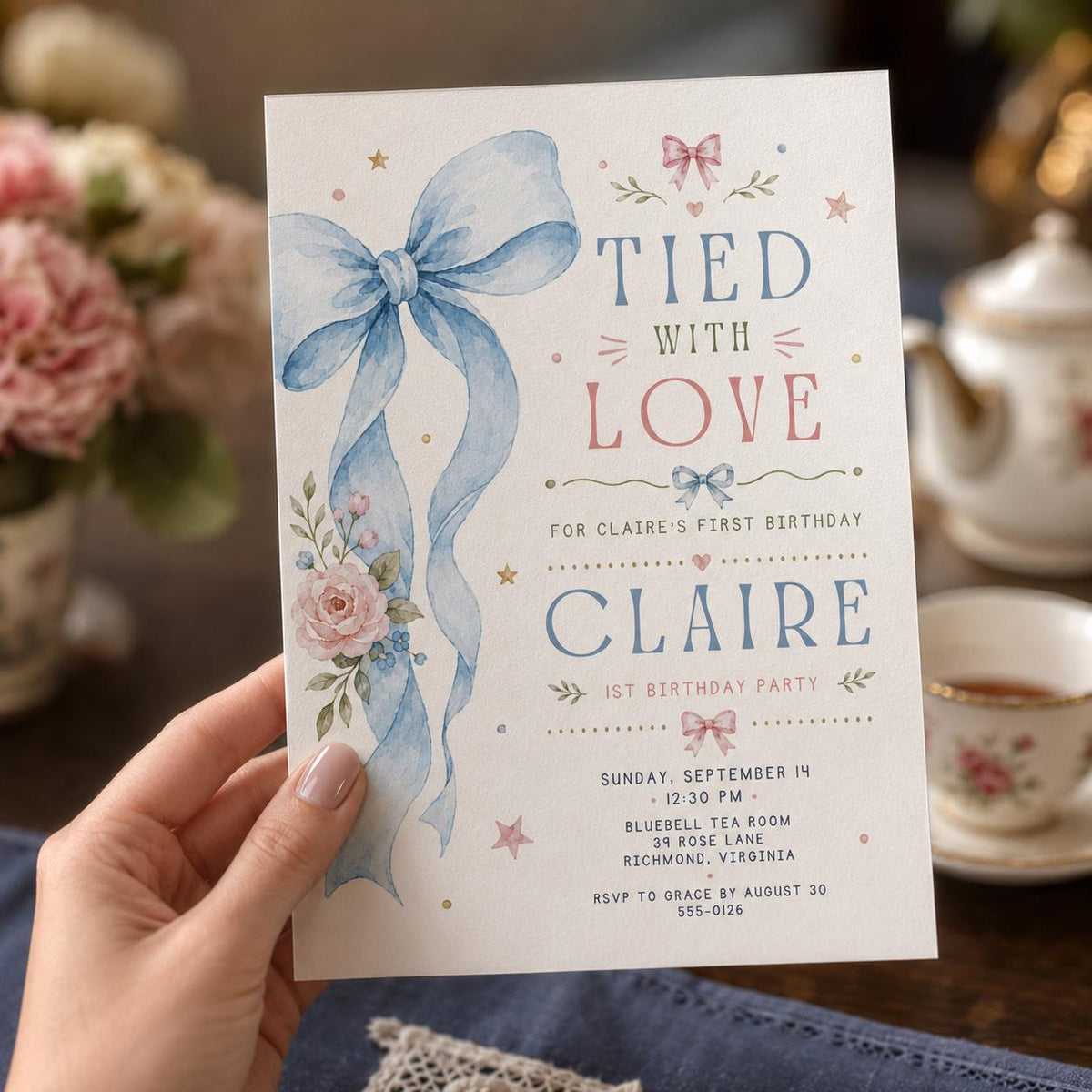 Blue Floral First Birthday Invitation for Girls — invitation you personalize in Canva