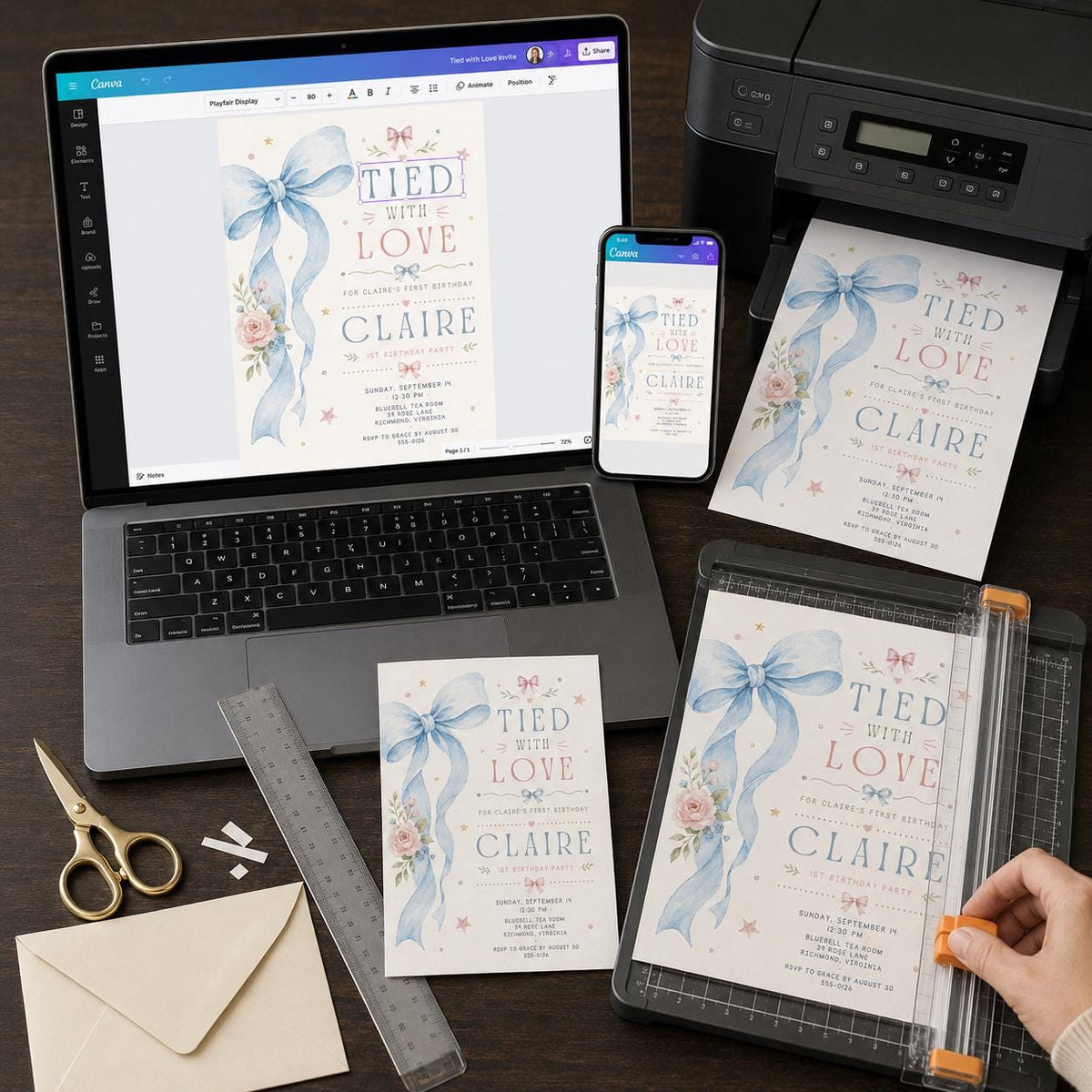 Blue Floral First Birthday Invitation for Girls — print-ready first birthday design from VoltBy