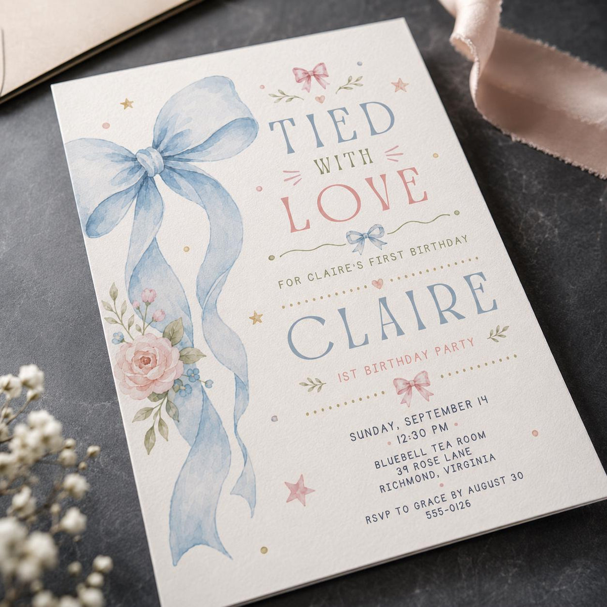 Blue Floral First Birthday Invitation for Girls — digital invitation, instant download