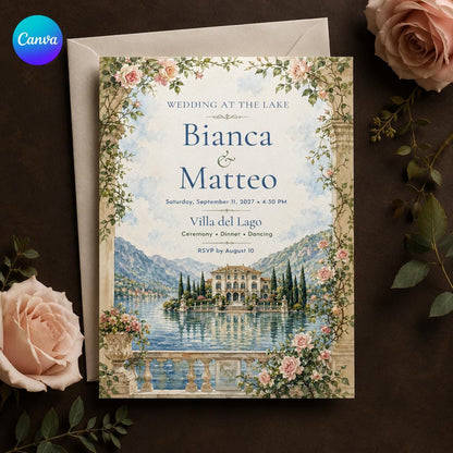 Blue Floral Italian Lake Wedding Invitation — editable Canva template