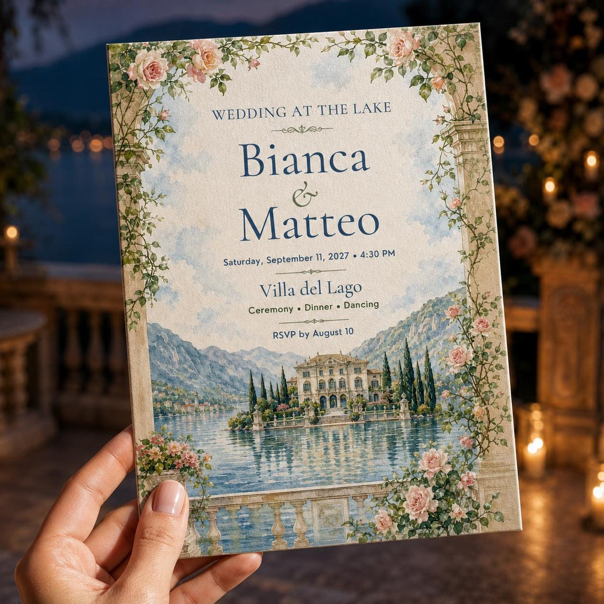 Blue Floral Italian Lake Wedding Invitation — print-ready wedding design from VoltBy