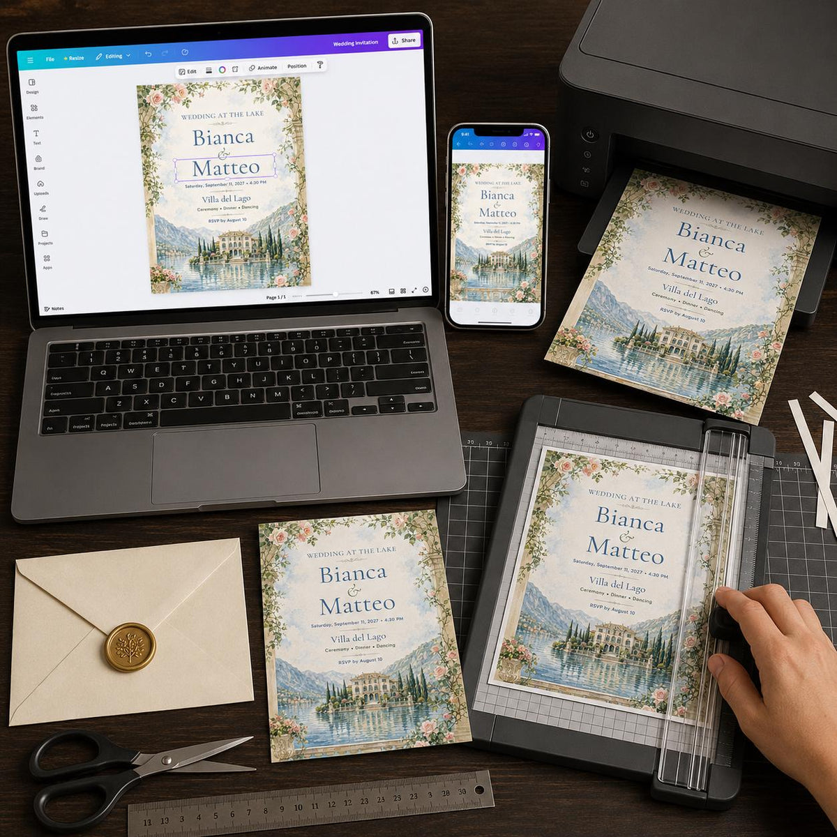 Blue Floral Italian Lake Wedding Invitation — digital invitation, instant download