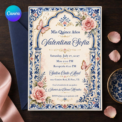 Blue Floral Quinceañera Invitation — editable Canva template
