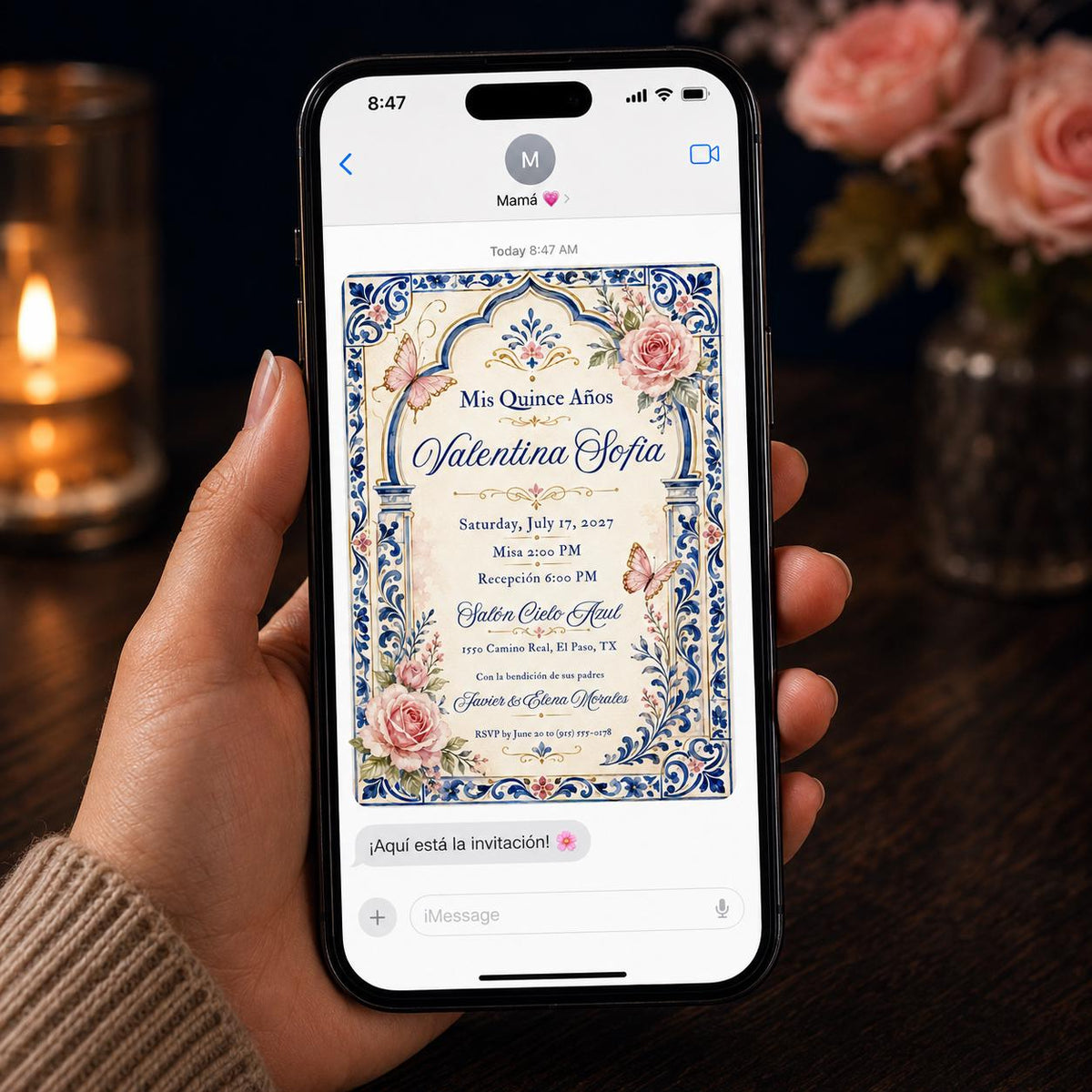 Blue Floral Quinceañera Invitation — butterfly and fiesta design